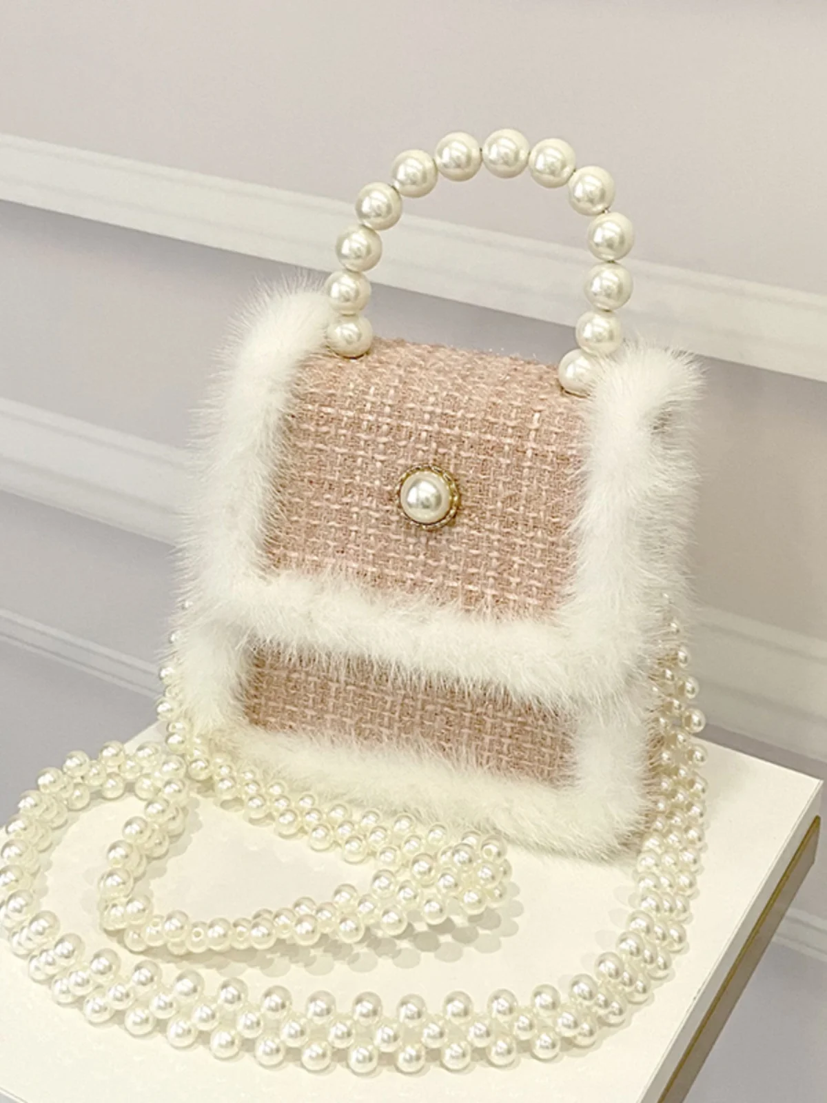 High-quality mink fur tweed chain crossbody pearl tote shoulder bag 2023 new autumn