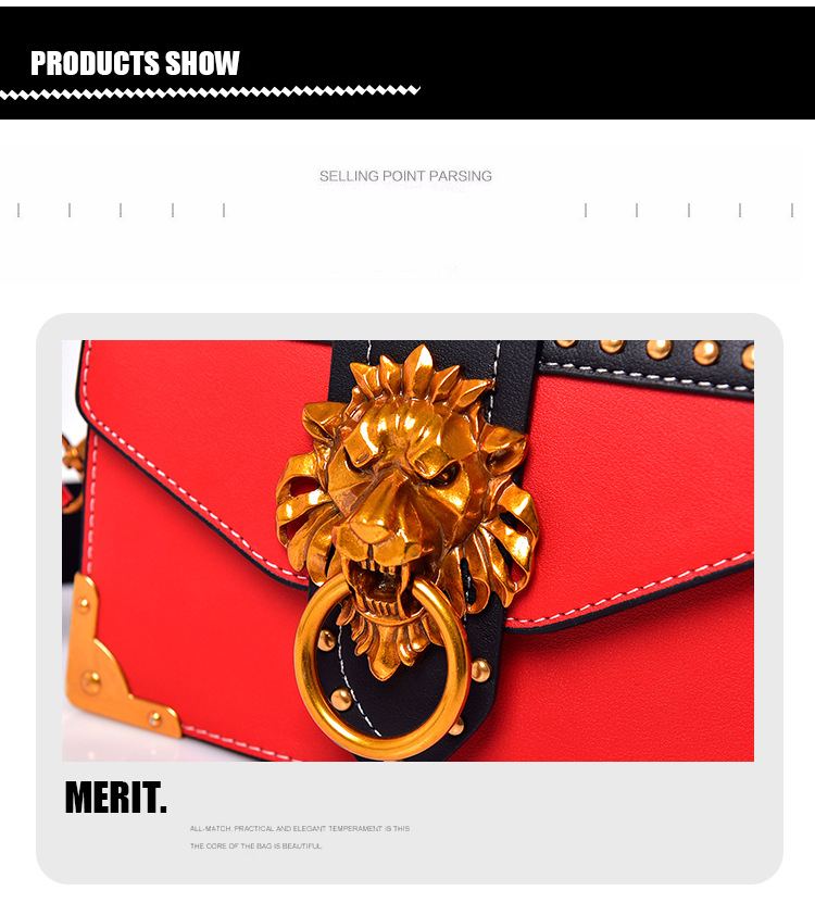 Fashion Women Metal Lion Handbags Crossbody Bags Rivet Shoulder Bags Purse Mini Square Messenger Bag