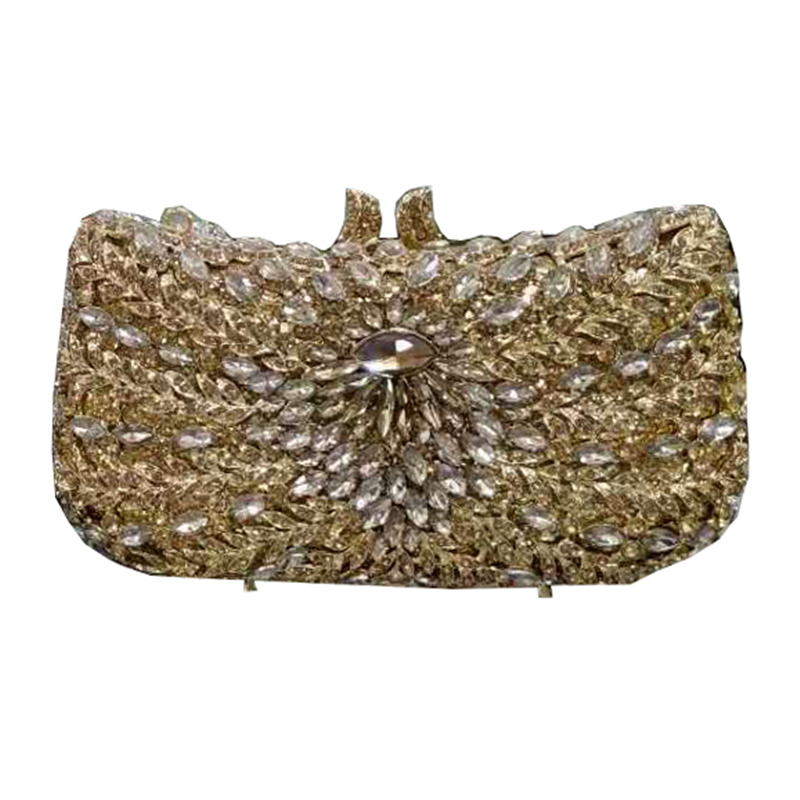 Ladies floral crystal evening dress bag hard shell metal single chain handbag and purse bridal wedding party clutch