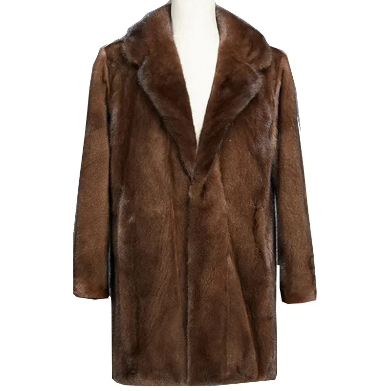 Mens dark brown faux fur warm mink coat with thick collar autumn loose casual jacket 241107