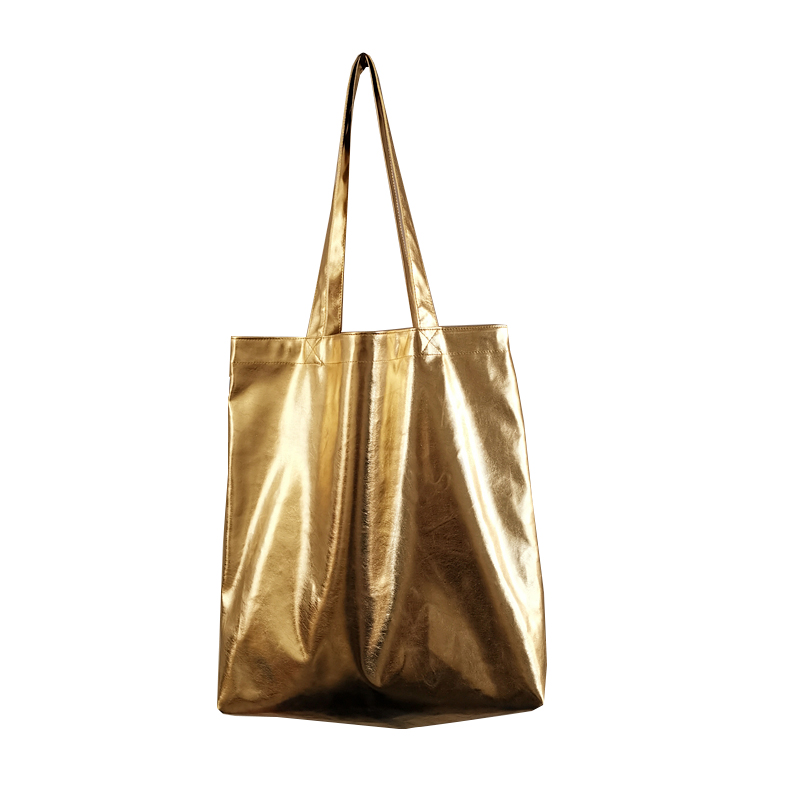 Women Gold Silver Pu Leather Shoulder Bag Simple Casual Environmental Reusable Shopping Bag Lady Tote Bag With Pocket Sale Items