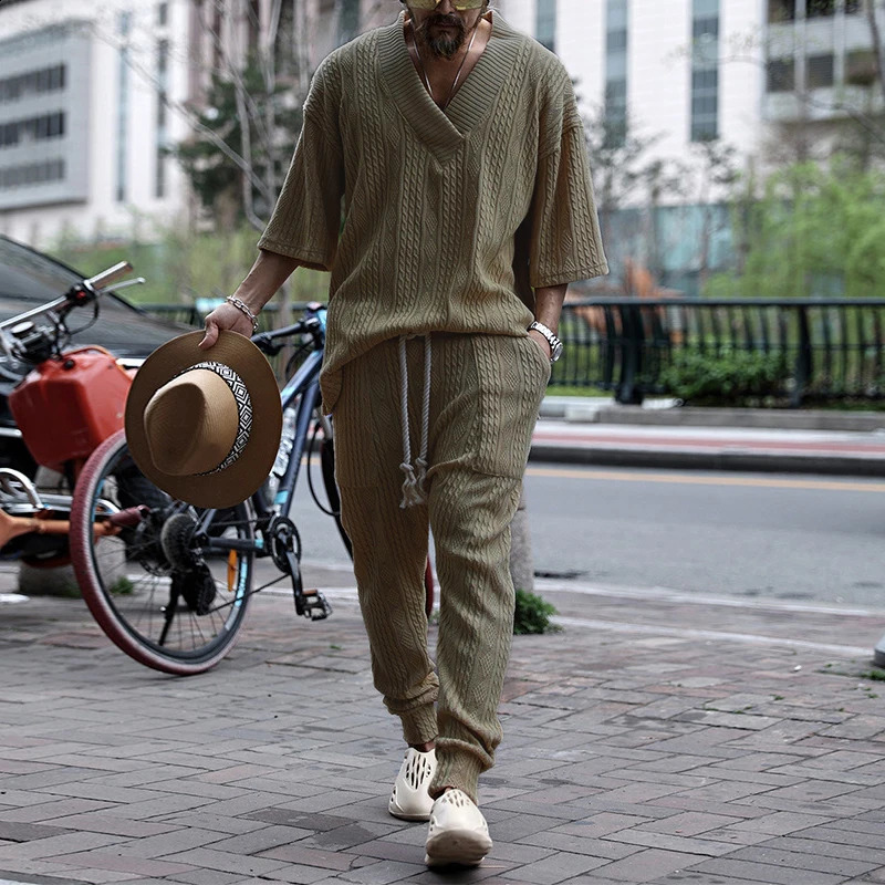 Vintage Knitted Two Piece Mens Set Fashion Loose Solid Short Sleeve V Neck Sweater Tops And Pants Men Suits Casual Knit Outfits 240401
