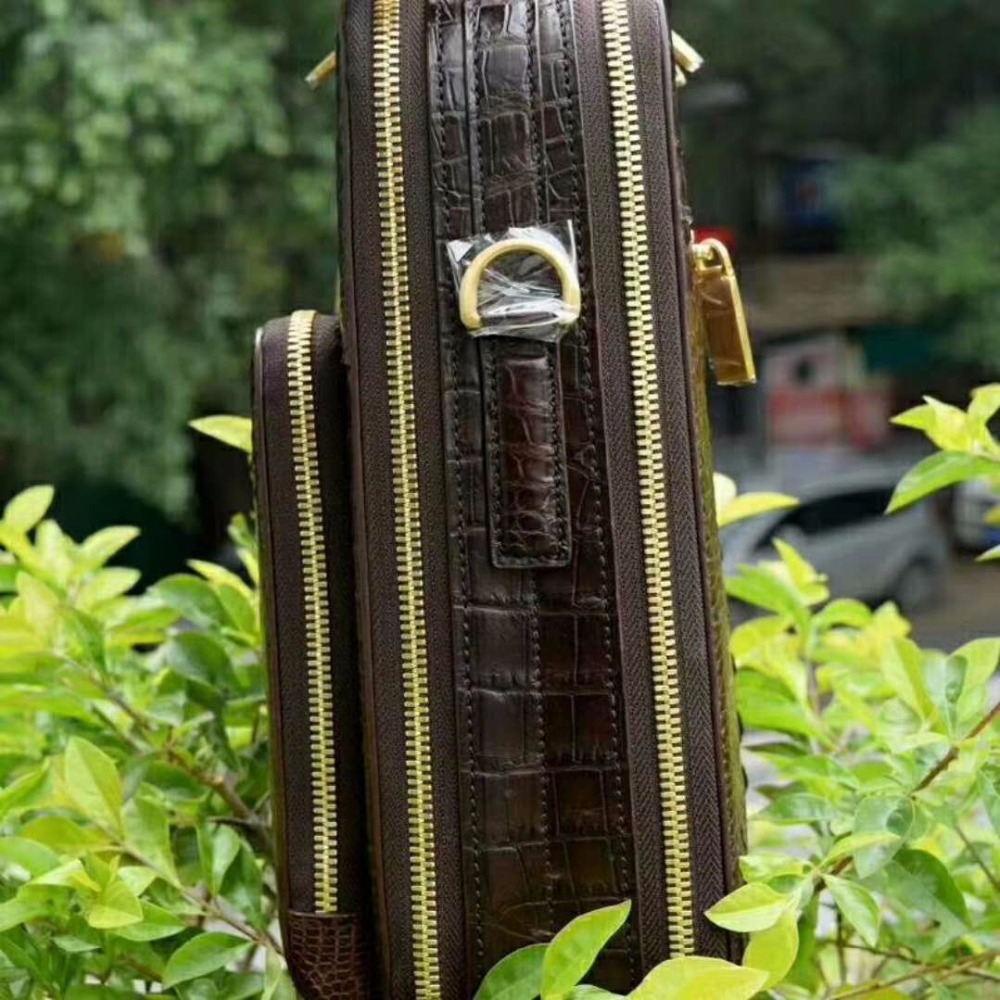 100% genuine real crocodile leather head skin men shoulder cross body bag with top handle zippers closure brown black