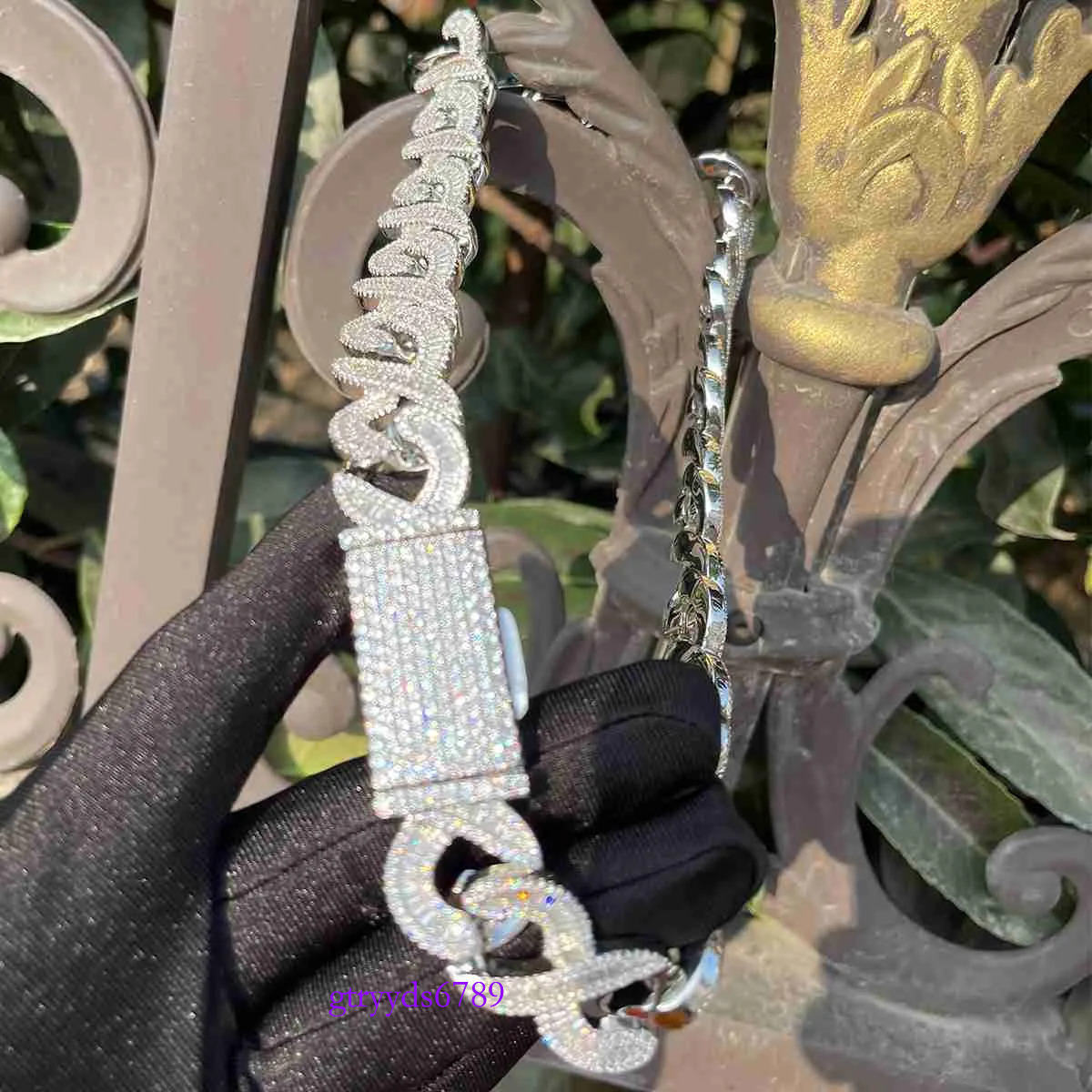Men 12mm Wide k Sier Iced Out Baguette Cut Moissanite Hip Hop Custom Cuban Necklace