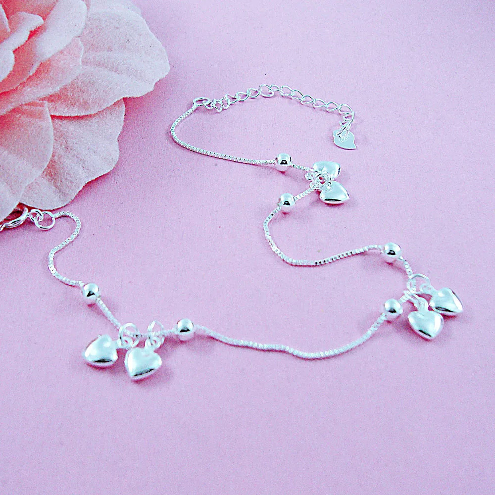 100% 925 sterling silver heart-shaped anklet pendant bead anklet summer beach anklet bracelet 241107