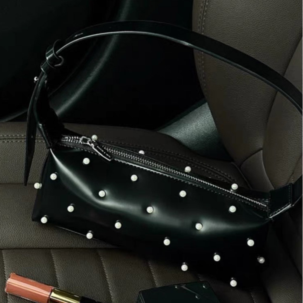 Women Simple Tote Handbag Versatile Adjustable Strap Pearl Armpit Bag PU Leather Underarm Handbag Ladies Commuting Zipper Bag