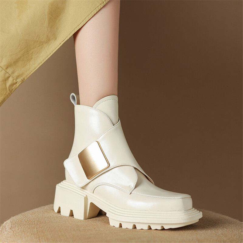 New Winter Split Leather Square Toe Chunky Heel Platform For Women High Heels Short Boots Concise Ladies Shoes