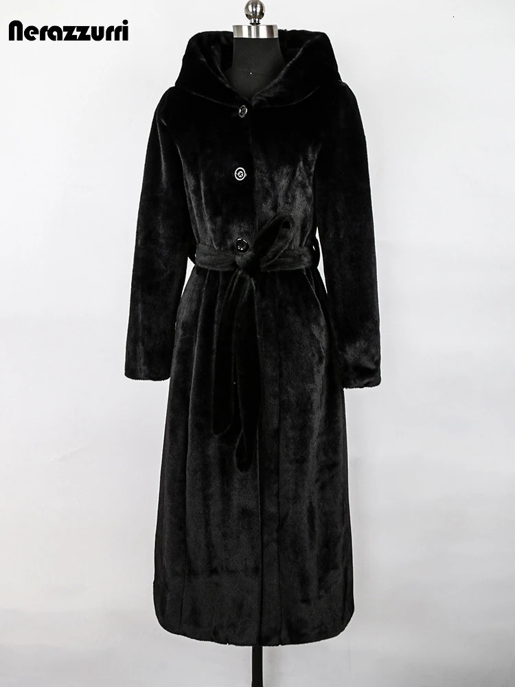 Sapphire Winter Long Fluffy Soft Warm Fluffy Artificial Mink Coat Womens Hooded Single Chest Elegant Coat 241107