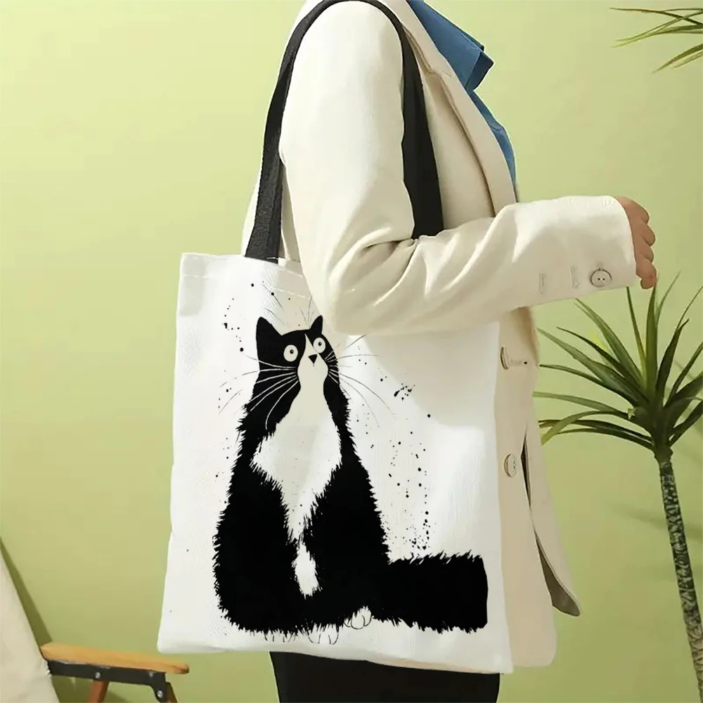 Cute Cat Shopping Grocery Reusable School Girl Gift Andeiltech Canvas Tote Bag for Women Aesthetic
