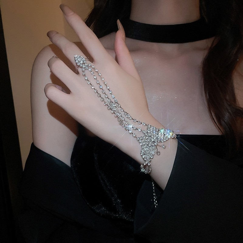 Super Sparkling Light Luxury Diamond Inlaid Butterfly Bracelet French High-end Temperament Bracelet Ring Integrated Fashion Internet Celebrity Accesso