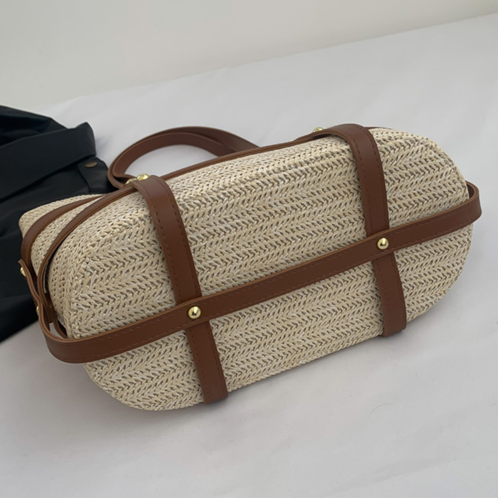 Women Straw Tote Handbag PU Patchwork Weaving Travel Bag Large Capacity Minimalist Tote Bag Ladies Summer Daily Bag