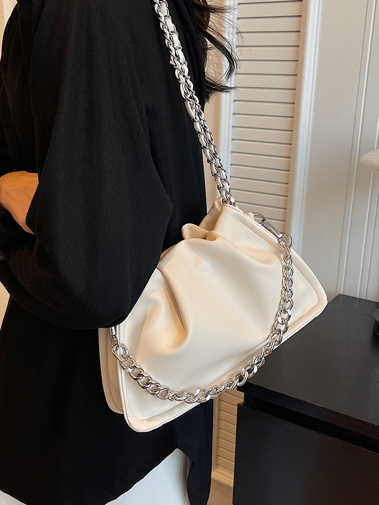 French Style Chic Design Chains Single Shoulder Bags Fashionable Textured Pu Leather Large Capacity Versatile Women Pleated Bag
