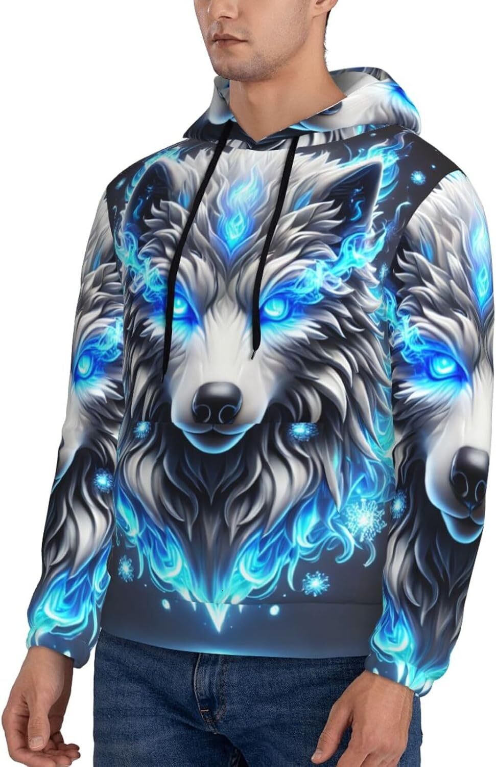 Hoodie for Mens Womens Mens Sweatshirt Fantasy Blue Wolf 3d Face Hoodie Sport Hip Hop Hooded Pullover Tops Graphic Cool blue pattern
