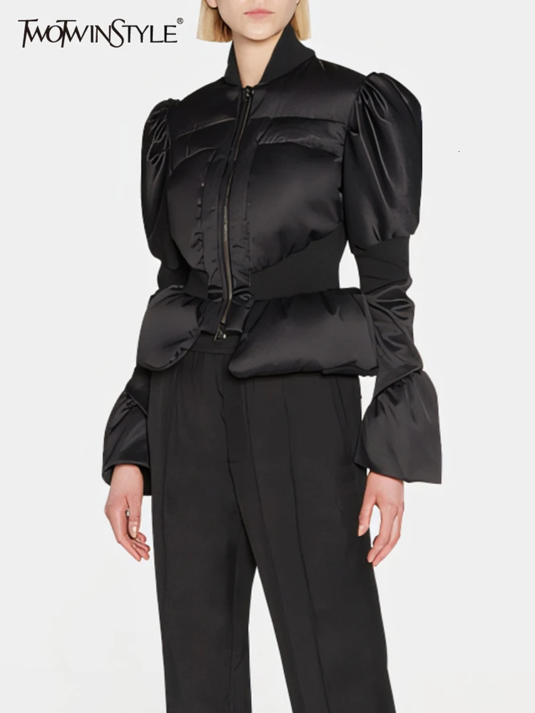 TWOTWINSTYLE Womens Solid Weight Loss Jacket Stand up Collar Flame Sleeve Work Patch Zipper Minimalist Tuned Jacket Womens Fashion 241107