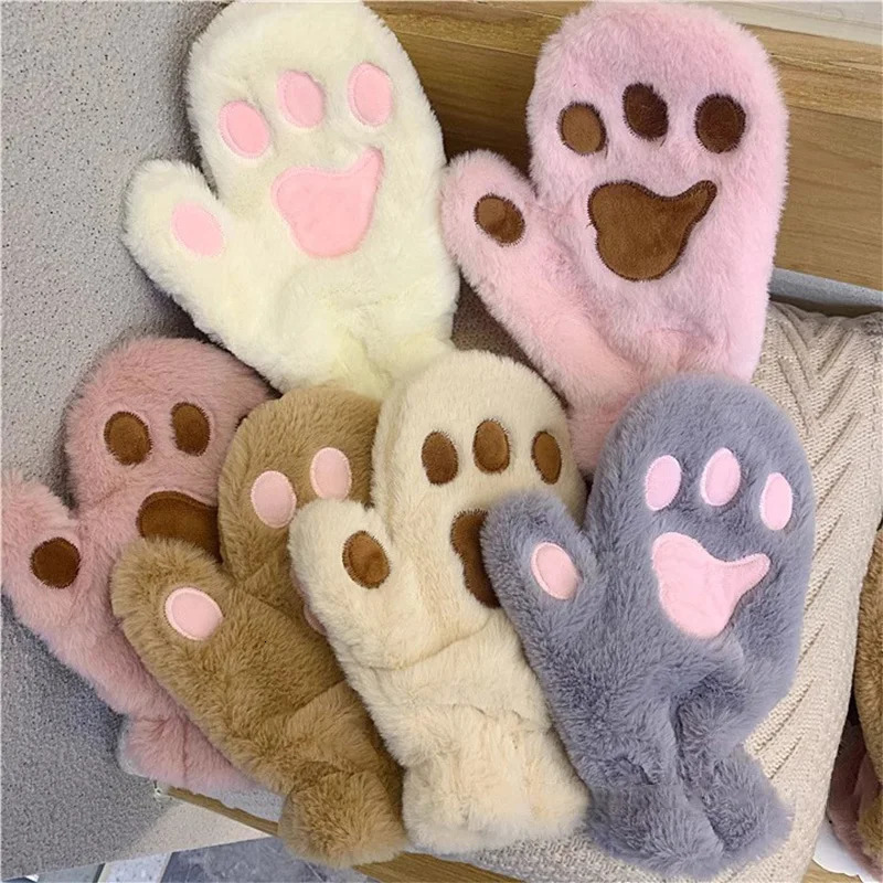 Soft Plush Winter Thick Warm Gloves for Womens Girls Korean and Japanese Cute Cat Claw Gloves Rabbit Fur Full Finger Casual Cycling Gloves 241107