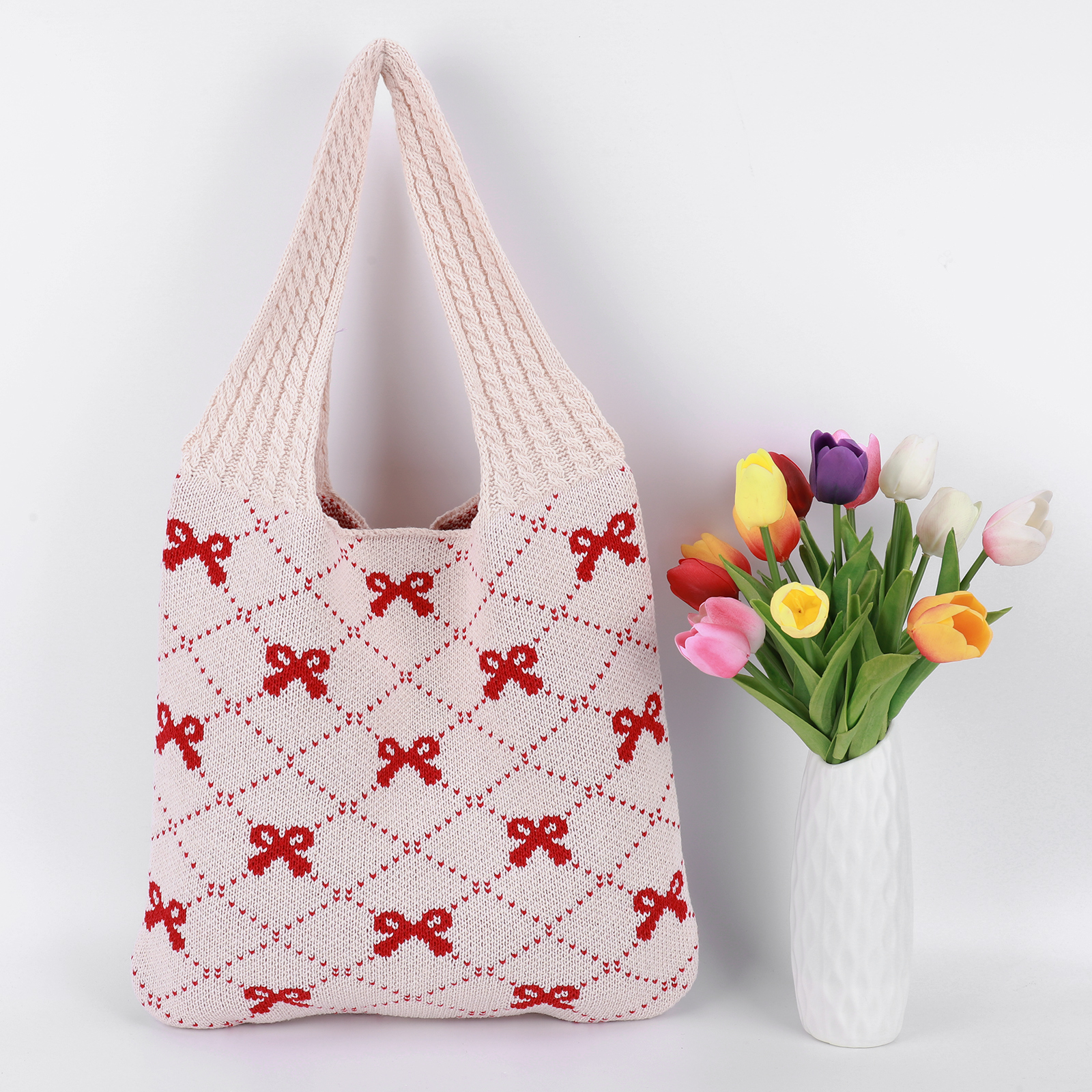 Women Crochet Tote Handbag Bow Printed Knitting Shoulder Bag Large Capacity Travel Shopping Handbag Ladies Daily Handbag