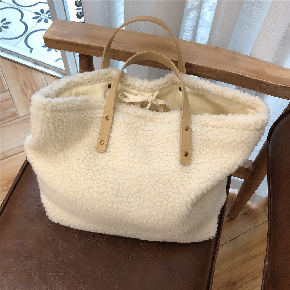 Apricot Lamb Wool Bag Handbag Women's Bag Shoulder Bag Reusable Shopping Bags Casual Tote Female Warm Cream Rice Handbag
