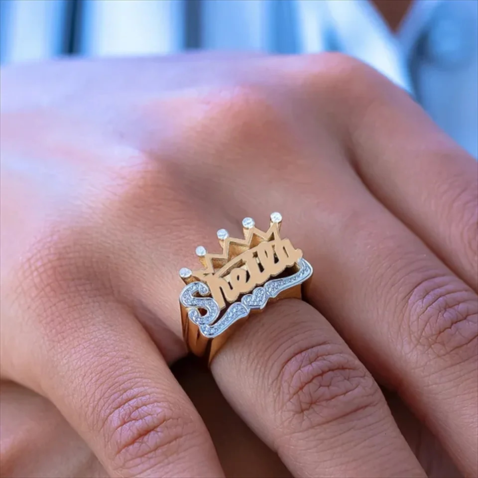 Name customized crown ring dual tone electroplated 3D ring handmade S925 silver custom name ring mens and womens gift 241106