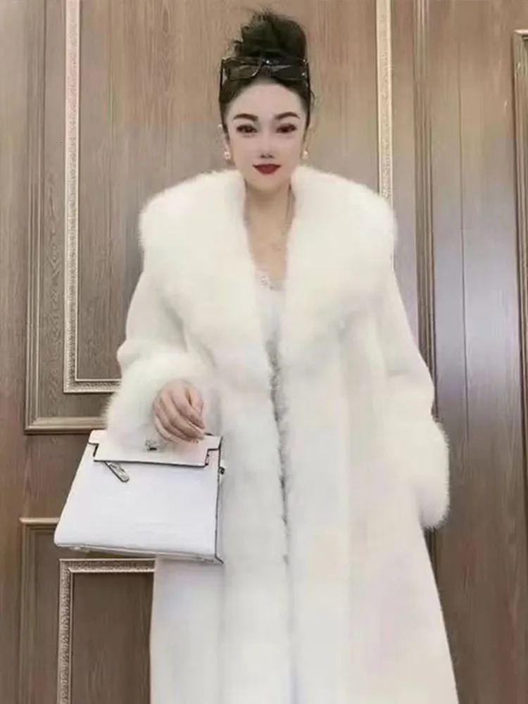 Artificial fur coat womens winter fluffy jacket fox fur collar fashionable artificial mink fur plush medium long coat elegant fur coat 241107