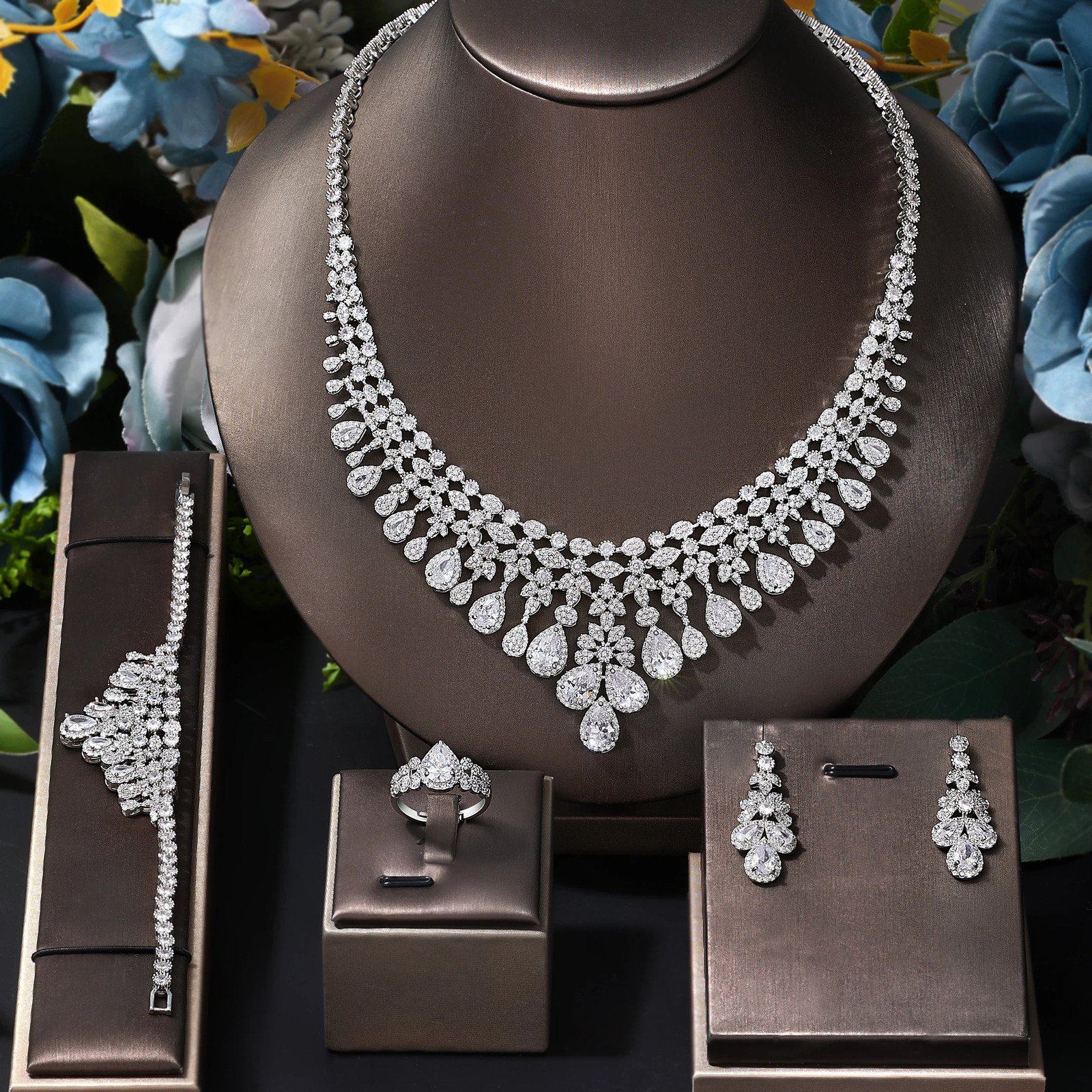 Zircon Super Tassel Water Drop Wedding Bridal Necklace Earrings 4-piece Nigerian Dubai Womens Jewelry Set 241106