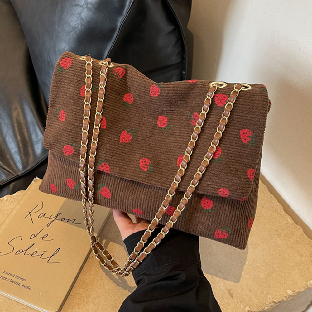 Women Corduroy Crossbody Bag Hasp Closure Strawberry Stylish Handbag Large Capacity Chic Hobo Bag Chain Strap for Outdoor Travel