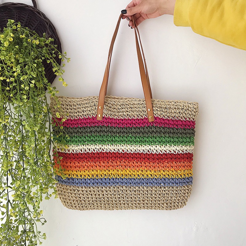 Fashion Lady Handbag Beach Rainbow Color Lady Handbag Shoulder Korean Version Of The Trend Beach Straw Bag