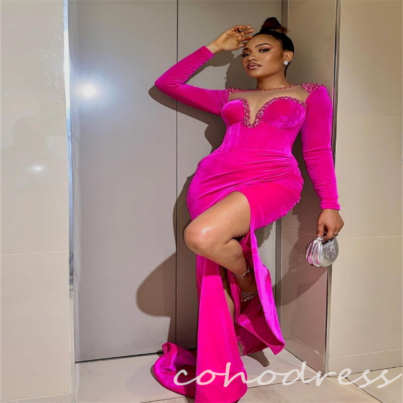 Amazing Hot Pink Prom Dresses With Slit Elegant Mermaid Velvet Evening Dress Plus Size Long Sleeve Birthday Dress Beaded Engagement Special Occasion F