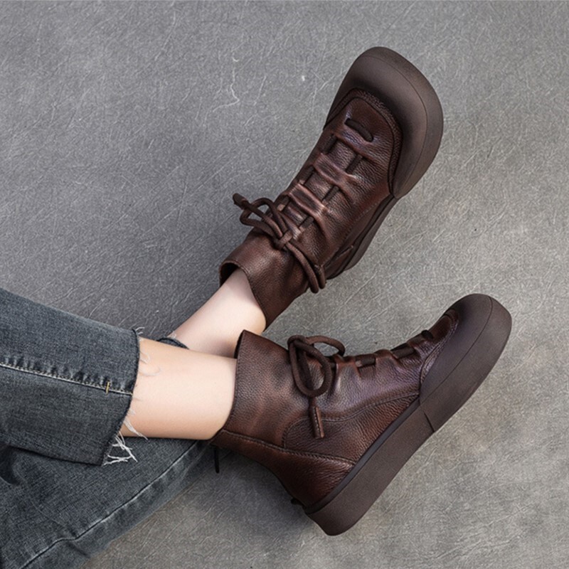 Johnature Handmade Retro Short Boots 2024 Autumn/Winter New Thick Soled Versatile Commuting Comfortable Women's Flat Shoes