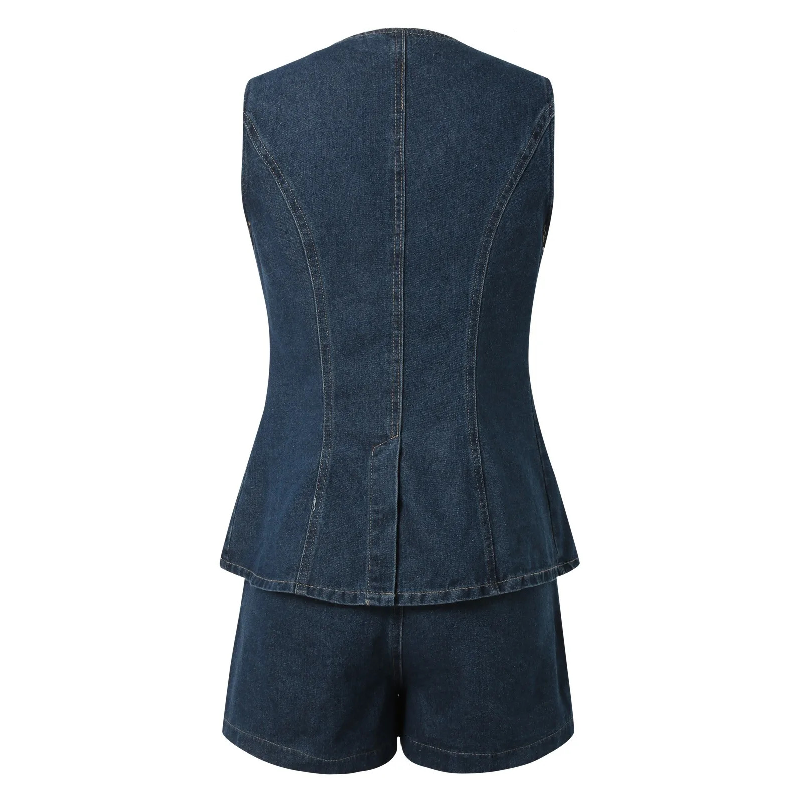 Denim 2 Pieces Sets Women Fashion Slim O-neck Sleeveless Single Breasted Vest Tops Wide Leg Shorts 2024 Summer Lady Outfits 241107