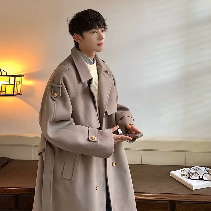 Fashionable trench coat mens winter blended American mid length coat high-end handsome solid color long sleeved wool coat 241107