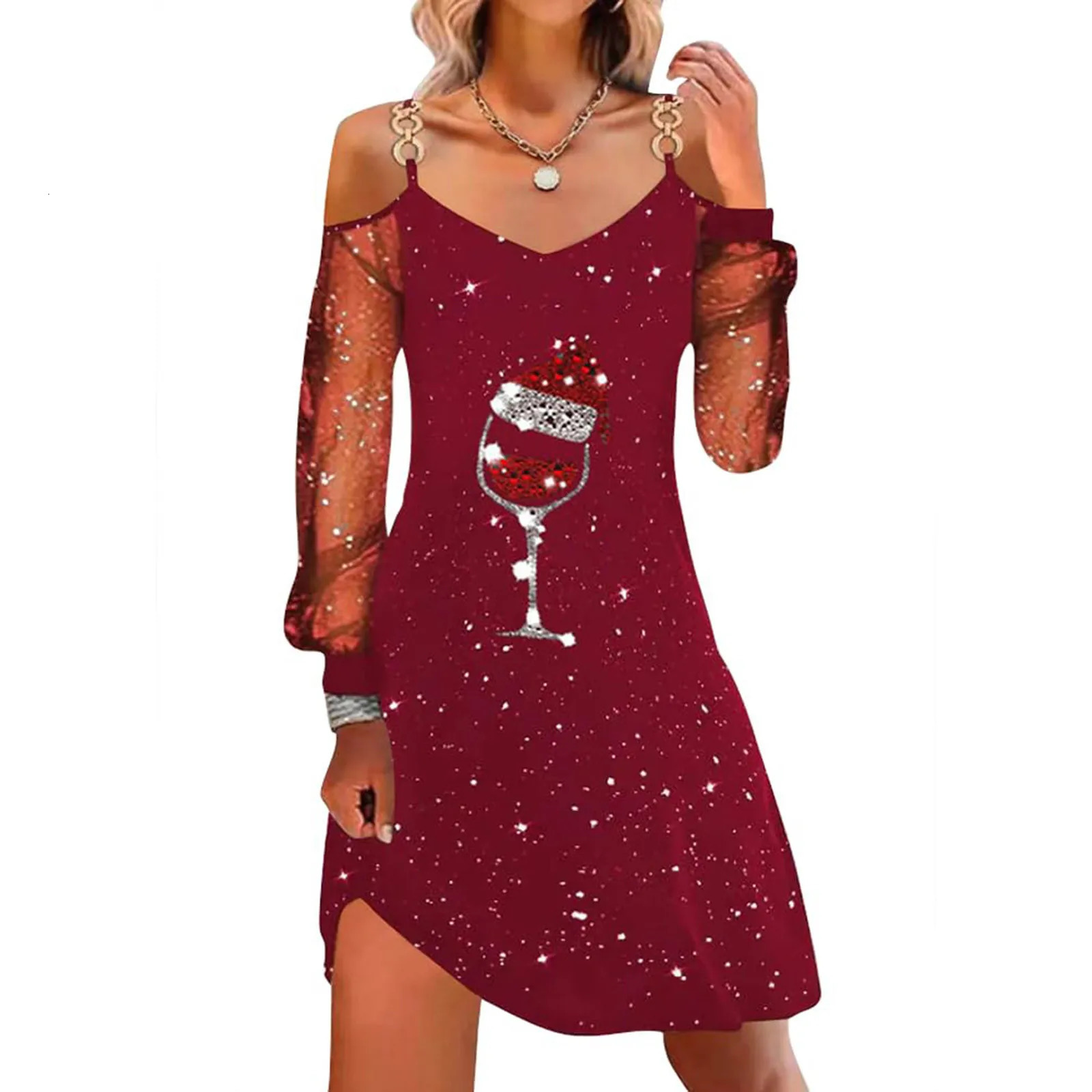 Women Classic Festival Style Dresses Christmas Gifts 2024 Wine Glass Patchwork Mesh Long Sleeved Dress Daily Vestidos 241107