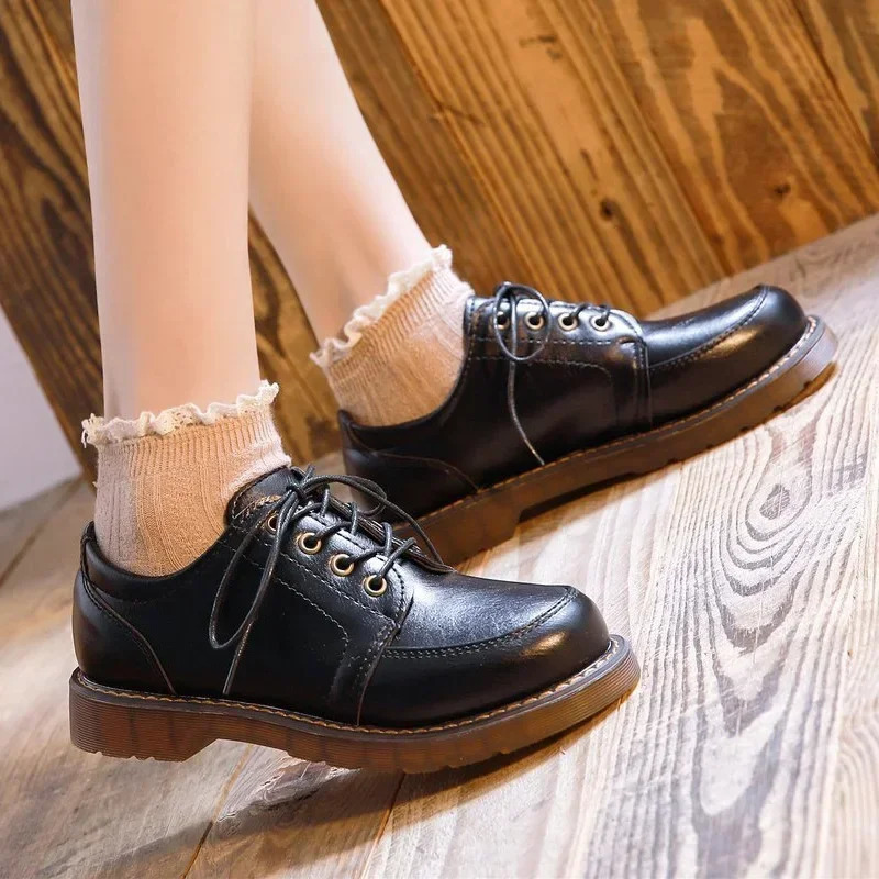 British style womens leather shoes retro brown preparatory JK uniform shoes college student casual shoes low boots lace shoelaces 241106