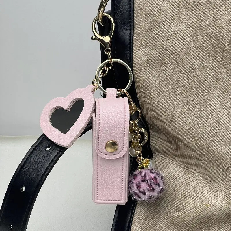 Womens key chain Portable lipstick bag Love pendant Makeup mirror Womens Christmas gift 241107