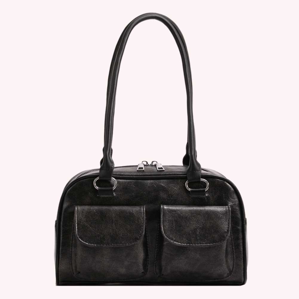Women Small Casual Handbag Double Pocket PU Single Shoulder Bag Solid Color Simple Commuting Bag Large Capacity Retro Handbag