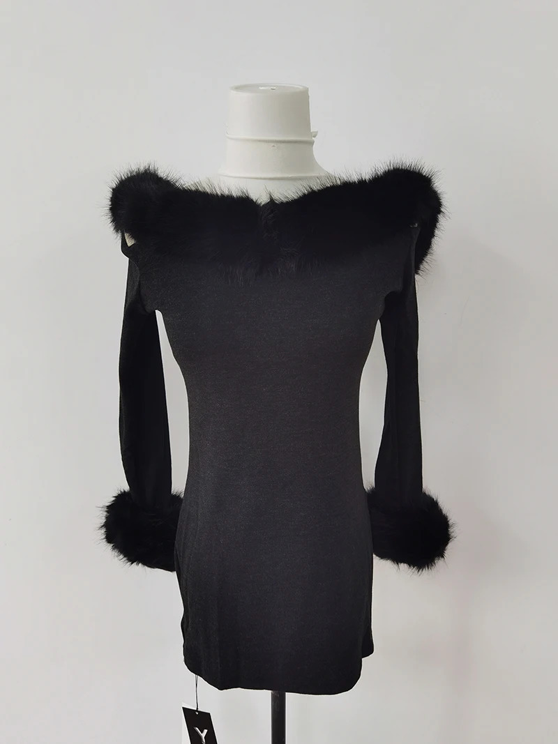 Sweet and girl Christmas red dress womens autumn/winter sexy off shoulder patch work fur ultra-thin dress fashionable womens clothing 241106