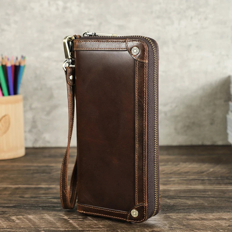 100%Genuine Leather Men Long Wallet Large Capacity Male Clutch Zipper Coin Cellphone Pocket Card Holder Casual Purse
