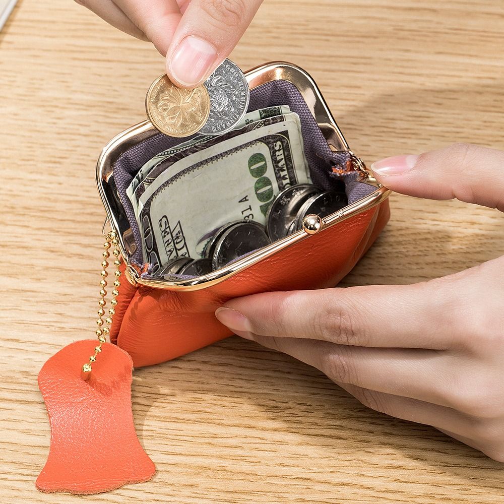 Retro Mini Lock Clip Coin Purse Cow Leather Daily Handheld Lipstick Storage Bag for Girls Kiss-lock Simple Key Bag Coin Pouch
