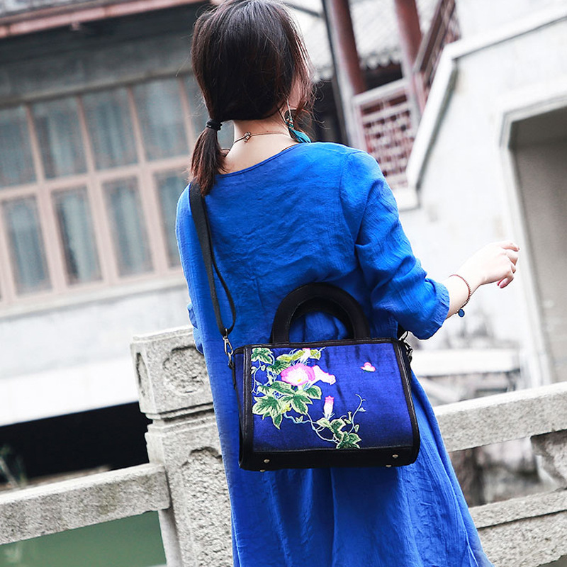 Veowalk Velvet Flock Women Embroidered Canvas Shoulder Bag Elegant Ladies Vegan Leisure Crossbody Evening Handbag Medium