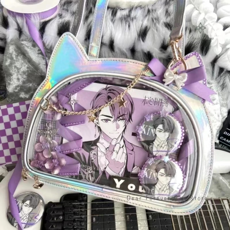 Y2K Cute Cat Ita Bag Japan Lolita Transparent Ten Font Kawaii Party Shoulder Bag Badge Display Girl Messenger Bag 241106