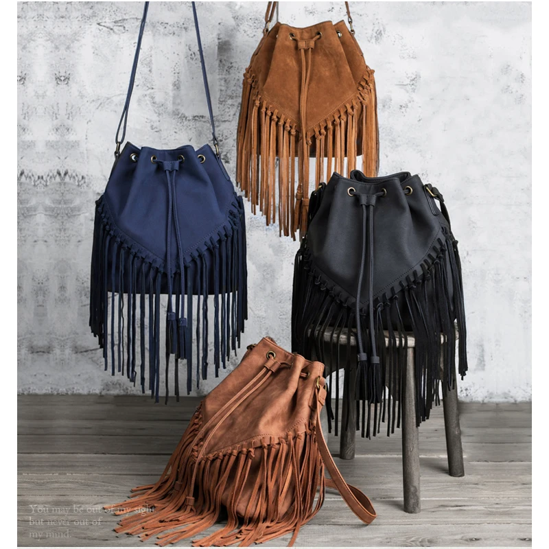 WESTCREEK Brand Faux Suede Leather Women Handmade Tassel Messenger Shoulder Bag Vintage Matte Lady Drawstring Bucket Bag
