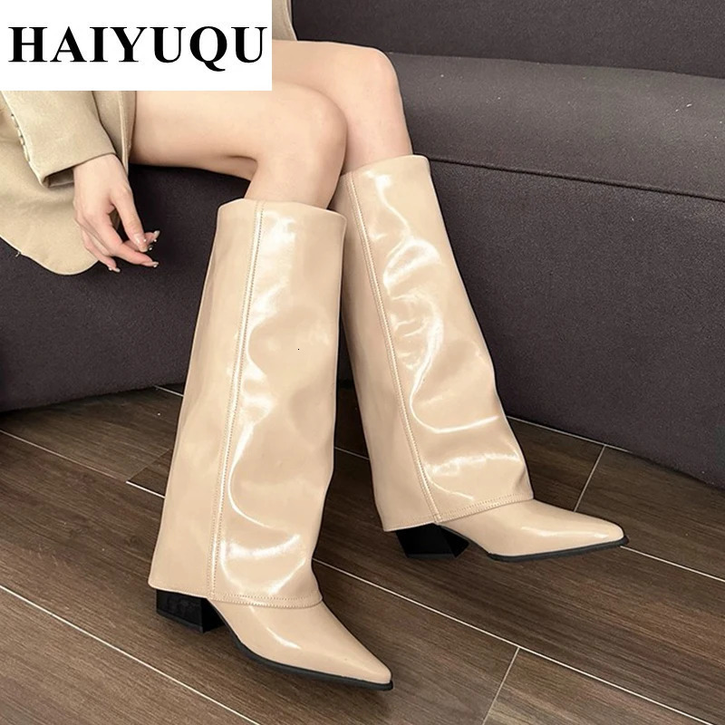 Knee High Heels Women Boots Leather Chunky Fashion Shoes Pointed Toe Snow Long Boots er Pumps Punk Chelsea Botas Mujer 241106