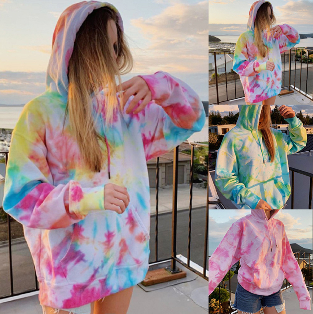 New splicing autumn women's new oversized loose jacket designer women's tie dye printed casual hooded sweatshirt trendy T-shirt