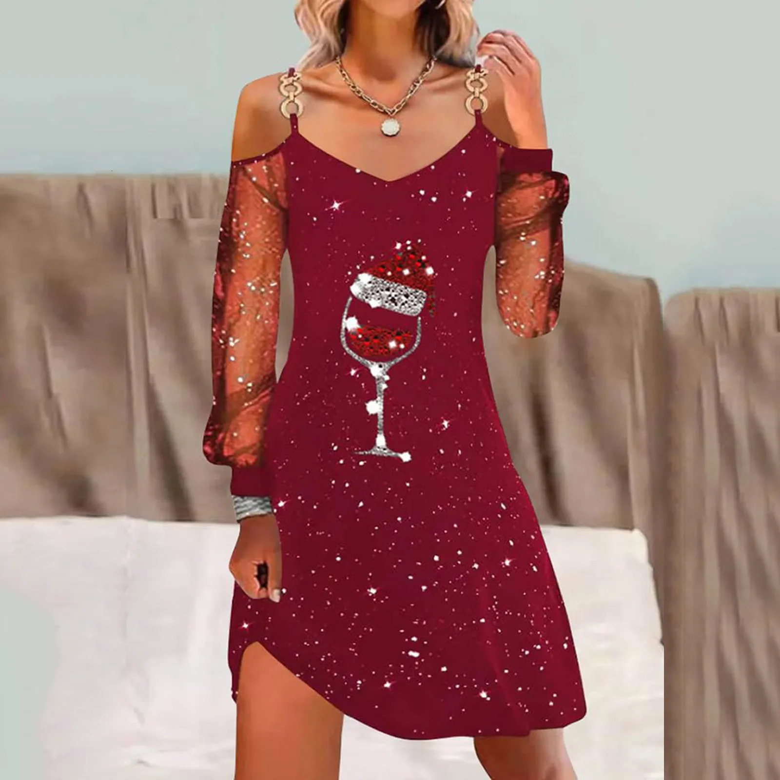 Women Classic Festival Style Dresses Christmas Gifts 2024 Wine Glass Patchwork Mesh Long Sleeved Dress Daily Vestidos 241107