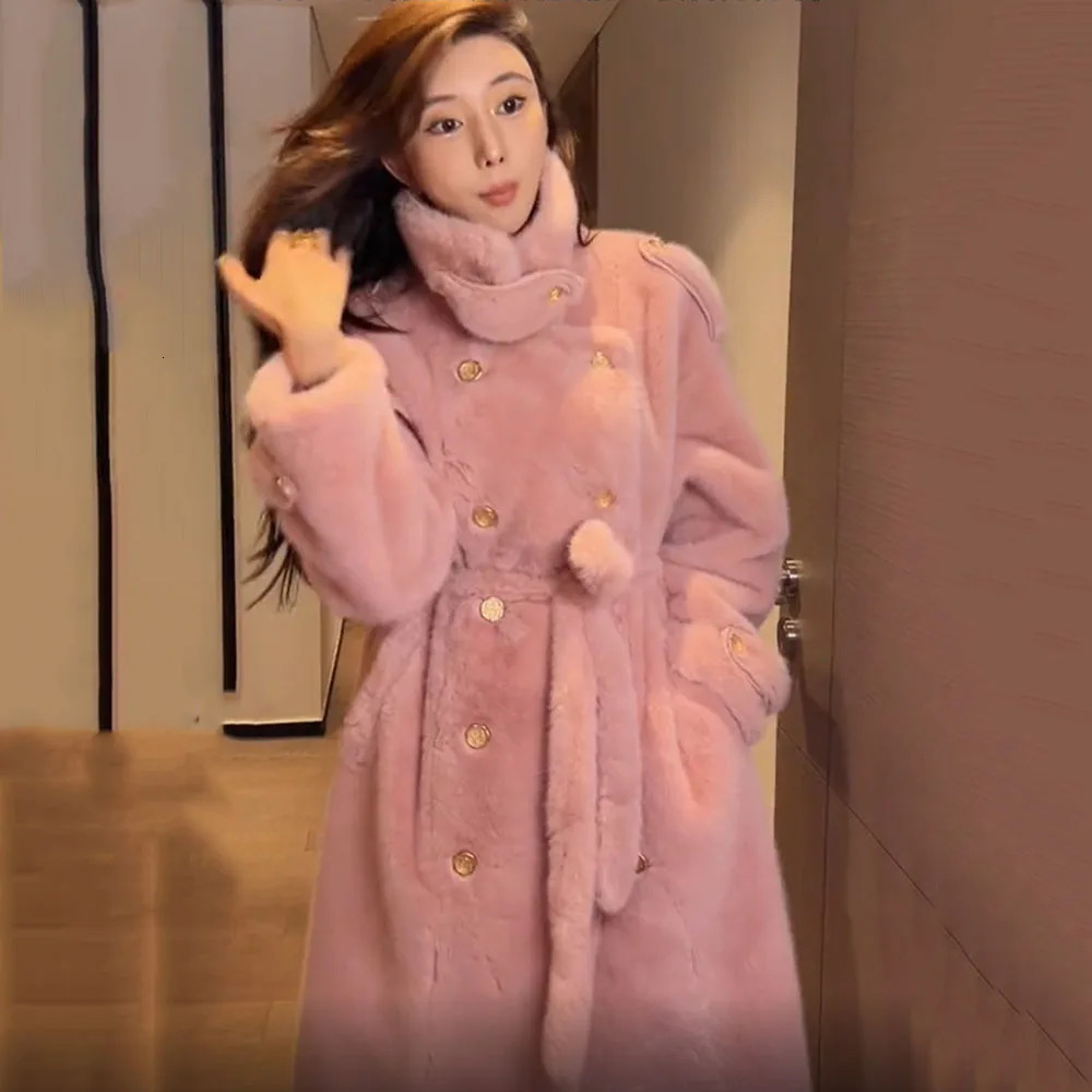 Womens retro faux mink coat autumn and winter premium plush coat womens apricot tree stand collar warm long fur coat 241107