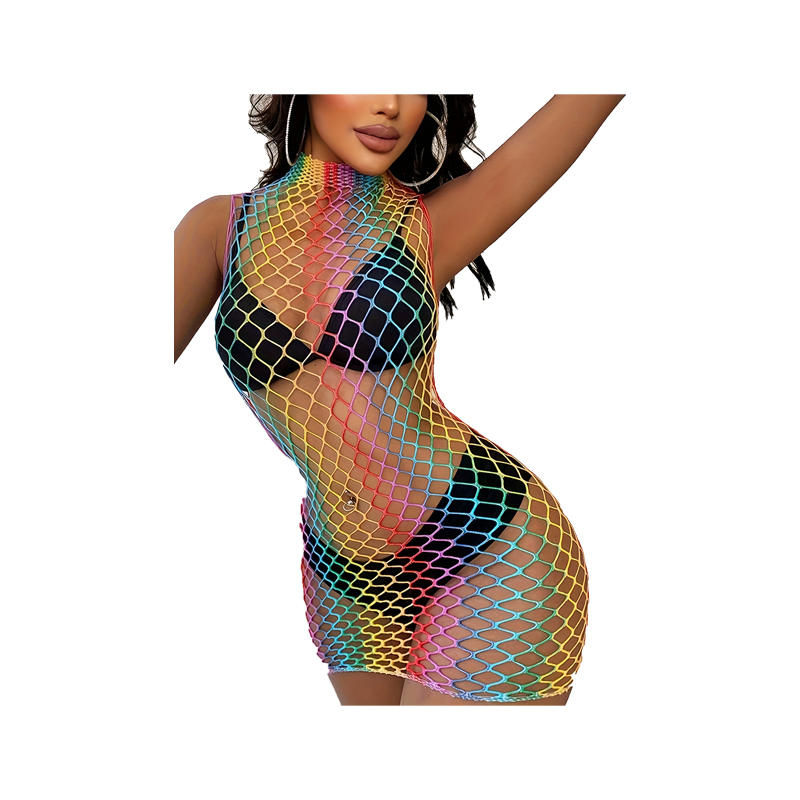 Vibrant Color Block Mesh Jumpsuit with Sheer Cutouts - Stylish & Sexy Evening Wear