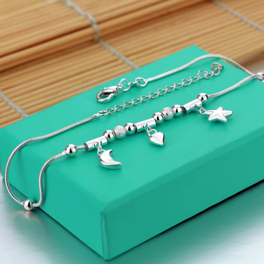 Bohemia Sweet Simple Stars Moon Heart Anklet 100% 925 sterling silver Ankel Beach Foot Chain bracelet ladies jewelry girls gift 241107