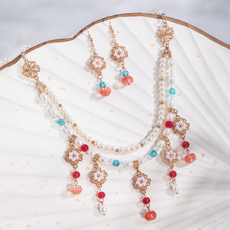 Double Layered Glass Necklace with Chiming Sound, Ancient Style Necklace Women's Pearl Flowers Tang Style Ancient Costume Retro Hezi Skirt Hanfu 
