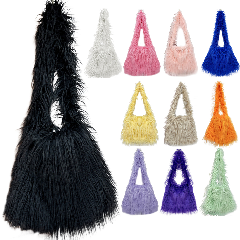 Fashion Women Plush Shoulder Bag Large Capacity Crosssbody Bag Soft Fluffy Tote Pouch Solid Faux Fur Hobo Purse Armpit Bolsa
