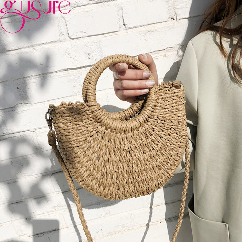 Gusure Handmade Half-Round Rattan Woven Straw Crossbody Bag Summer Beach Women Messenger Shoulder Bags Girls Small Handbag