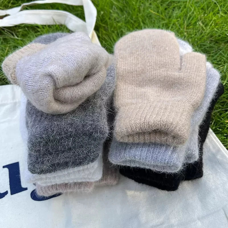 Womens double-layer rabbit fur gloves winter Korean version solid color full finger winter womens gloves girls gloves 241107